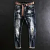 American Street Style Fashion Men Jeans Retro Dark Blue Elastic Slim Ripped Spliced ​​Designer Hip Hop Denim Biker Pants A5en