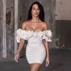 Free Women White Satin Mini Dress Sexy Off-shoulder Pleated Bodycon Halter Club Celebrity Party Vestidos 210524