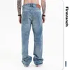 FirmRanch Homens / Mulheres Retro Lavagem Jóias Luz Bordada Blue Jeans Casual Perna Reta Denim Solto Long Calças