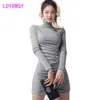 South Korea Korean version temperament repair height collar long-sleeved sexy pleated bag hip bottom dress girl 210416