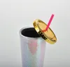 The latest 24OZ double-layer plastic coffee mug, straight-shaped water cup with glitter straw, supports customized logo