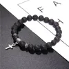 Bärade strängar naturliga svarta onyx pärlor armband mode vulkanisk lava religion korsa hänge charm för kvinnor män yoga smycken kent22