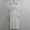 Neue Mode Off Schulter Weiß Spitzenkleid Dame Hemd Kleid Langarm Casual Kleider Elegante Midi Kleid Robe 210415