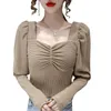 Kimutomo Women Elegant Square Collar T-shirt French Style Solid Black Slim Puff Sleeve Tops Spring Autumn Korea Chic 210521
