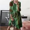 Summer Plus Size Bohemian Print Midi Dress Women Daily Casual 3/4 Sleeve Feather Butterfly Retro Loose Linen Beach 210517