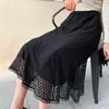 Hollow Out Lace Skirts Black Women High Waist Elastic Tulle Skirt Trumpet Long Ladies Fashion Vintage Mermaid Cloth 210601