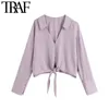 TRAF Women Fashion With Bow Tied Cropped Blouses Vintage Long Sleeve Button-up Female Shirts Blusas Chic Tops 210415