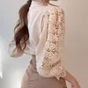 Hollow Out Flower Lace Patchwork Shirt Femme Blusas All-match Women Blouse Top Chic Button White Petal Sleeve Stand Collar 631F 210420