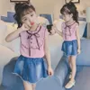 Teen Girls Clothing Vest + Denim Short Teenage Ruffles Outfit For Pearls Children's Clothes 6 8 10 12 14 210528