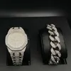 Lyx Män Guld Silver Färgklocka Bracelet Combo Watch Set Crystal Miami Ice Out Kubansk Braclete Chain Hip Hop Jewerly för män H1022