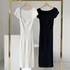 Korean Slim White Black Split Long Sweater Dress Women Square Collar Short Sleeve Sexy Knitting Female Fashion Summer 210514