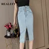 İlkbahar Yaz Vintage kadın Denim Wrap Etek Yüksek Wasit Düğmeler Kot Etekler Kadın Kalem Ön Bölünmüş 210428