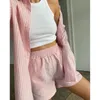 Verão Casual Tracksuit Mulheres Shorts Sets Stripe Camisa de Manga Longa e Cintura Alta Dois Peça Set 2021 Calça Suits Femininas Tracksuits