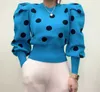 Koreański rękaw puff kobiety sweter dzianin wiosna jesień polka dot zima top z dzianiny o-neck sweter dolny jumper 210918