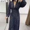 Women Vintage V Neck Printing High Elastic Wiast Court Midi Dress Femme Pleats Puff Sleeve Casual A Line Vestido DS4831 210420