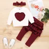 Roupas Conjuntos de roupas 3pcs Babi Girl Roupas Conjunto de manga longa Primavera/outono garotas Bruflles Heart Top e calça Faixa de cabeça para crianças roupas de criança