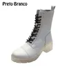 Buty Preto Branco Damska Ankle Brytyjska Krótka rura Killer Botki Biały Lace Up Wysokiej Jakości Boot Square Heels -555-1