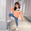 Girls Clothes Starwberry Sweatshirt + Jeans Spring Tracksuit For Patchwork Children's Sports Suit 210528