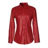 Red Black Faux lederen blouse vrouwen draaien kraag single-breasted knoppen lange mouw shirt office lady pu tops blusa dames blouses s