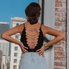 Summer mulheres pretas strap strap hollow out bodysuit tops bodycon pérolas cadeia de verão backless moda de moda curta 210709