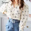 Vintage imprimé floral femmes décontracté à manches longues femme haut col en v streetwear bureau dames blouse chemise 210414