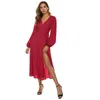 Abito lungo rosso a maniche lunghe a lanterna per Natale Donna Sexy con scollo a V Fessura Moda primavera Abiti a tunica sciolti Eleganti signore 210527