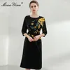 Mode Designer Sommar Elegant Svart Midi Klänning Kvinnors O-Neck Bälte Hög midja Blommig Skriv ut Party 210524