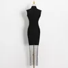 Black Patchwork Diamond Grid Dress For Women Turtleneck Sleeveless High Waist Sexy Slim Dresses Female Fashion 210520