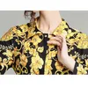 Moda Pist Tasarımcısı Kadınlar Elbise Uzun Kollu Retro Desen Baskı Pileli Elbiseler Bayanlar OL Dış Giyim Sonbahar Zarif Parti Elbise 210520