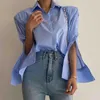 春の長袖の女性のブリュースリットデザイン緩い縞模様のシャツトップの多色レディース16W530 210510