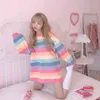 Harajuku stil kpop randig lös sweatshirt kvinnor våren långärmad pullover kawaii kläder färgglada regnbåge student flicka toppar 211108