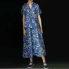 Johnature Chinesischen Stil Sommerkleid Lose Druck Kurzarm Mitte der wade V-ausschnitt Nationalen Stil Casual Leinen Frauen Kleid 210521