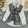 Women's Tracksuits Two Piece Set Tops 2022 Autumn Design Women Long Sleeve White Blouse Shirts Loose Houndstooth Vest Pocket Waistcoat