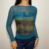 Kvinnors T-shirt Kvinnor Vintage Långärmad Pullover Unik Utskrift Runda Hals Semi-Transparent Mesh Tight Slim Tops