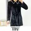 TRAF Women Vintage Stylish Office Wear Beading Appliques Velvet Mini Dress Fashion Lapel Collar Long Sleeve Female Dresses Mujer 210415