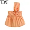 TRAF Femmes Sweet Fashion One épaule Bow Tid Blouses Vintage sans manches à volants Chemises féminines Blusas Chic Tops 210415