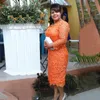 2021 ヴィンテージ母の花嫁のドレス茶丈 V ネック七分袖オレンジフルレースシース Vestidos プラスサイズフォーマル結婚式のゲストドレス