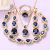 Earrings & Necklace Women Wedding Nigerian Jewelry Set Gold-Color African Beaded Bracelet And Ring Fashion Blue CZ Costume Sets