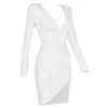 Summer Women's Club Party Robe serrée Sexy Col V-Col à manches longues Drapé Mode Blanc Mini Celebrity Runway 210525