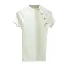 Shintimes 얇은 니트 화이트 티셔츠 버튼 반팔 티셔츠 여성 여름 솔리드 캐주얼 티셔츠 여성 티셔츠 Femme 210330