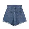 Kvinnor Hög midja Denim Shorts Byxor Casual Washed Crop Blue Wide Leg Jeans Kvinna Retro Sommar Lös Pocket Kläder Mujer 210417
