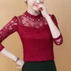 Spring Fashion Women Blouse Lace Shirt Långärmad Bead Kläder Kvinnor Toppar Slim Causal Blusar Kvinna Blusas 1502 45 210528