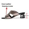 Crystal Genuine Leather Mid Heels Slippers Women Shoes Square Toe Block Heel Slides Summer Fashion Sandals Lady Sliver 210517