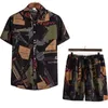 Homens Casuais camisas Homens Camisa Hawaiian Camisa Striped Beach Shorts Conjuntos Botão de Manga Curta Botão Vintage para cima Blusa Mens Verão Terno de Algodão 2 Peças