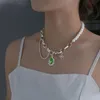 Pendant Necklaces ALLME Green Color CZ Stone Necklace For Women Lady Hollow Chunky Chain Faux Pearls Beaded Chokers Gifts