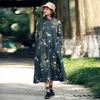 Johnature Women Print Floral Dress Linne Varm Vintage Robes Fleece Vinter Långärmad Kinesisk stil Tjock Cheongsam 210521