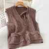 Autumn Spring V-Col V-Couleur Pull Sweater Vest Femme Twist Pocket Cardigan Sans Manches 210531