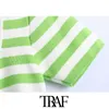 TRAF Women Sweet Fashion Striped Cropped Knitted Blouses Vintage Square Collar Short Sleeve Female Shirts Chic Tops 210415