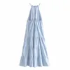 Za Sommer Rüschen Halter Kleid Frauen Ärmellose Spaghetti-trägern Backless Sexy Lange Kleider Chic Elastische Taille Frau Blau Kleid 210602