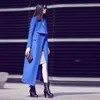 Women's Wool & Blends 2022 Winter Coat Women Suit Collar Double-breasted Pocket Blend Oversize Long Blue Trench Outwear